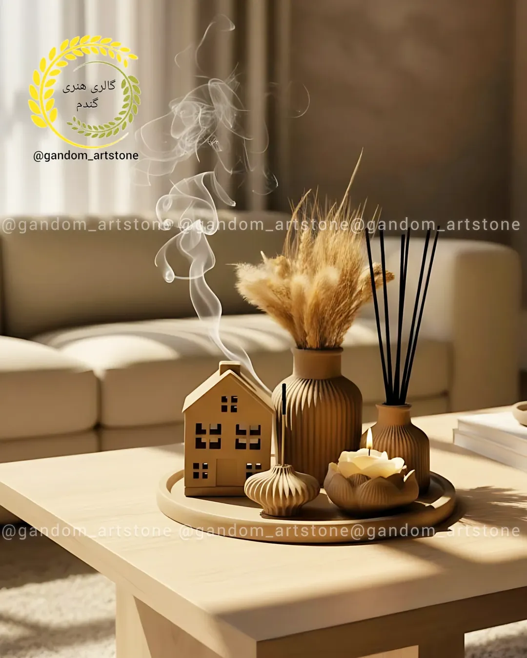 ست دکوری کامل باشمع با گل خشک و رنگ نسکافه ای