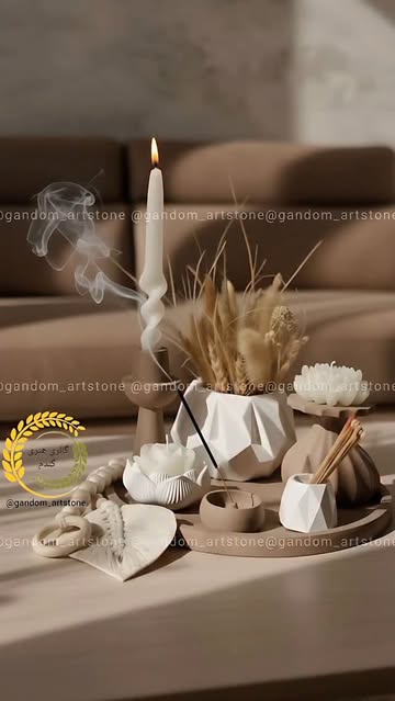 ست دکوراتیو شمع و گل خشک و تسبیح و کبریت پایه بلند