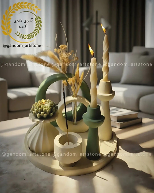 ست دکوری کرم سبز با گل خشک
