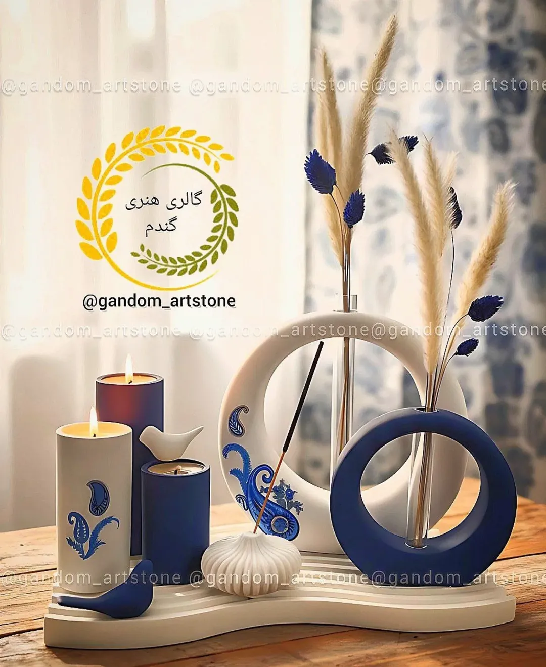 ست دکوری شمع و گل خشک آبی درباری