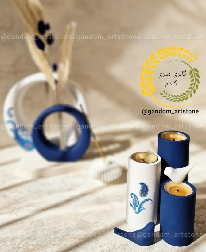 ست دکوری شمع و گل خشک آبی درباری
