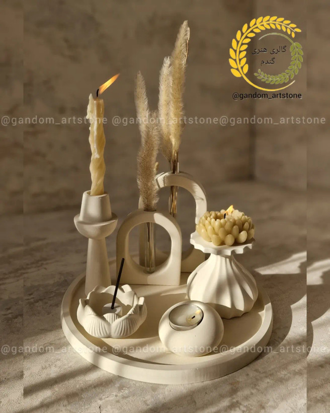 ست کامل دکوری با شمع و گل خشک و جا دستمال کاغذی