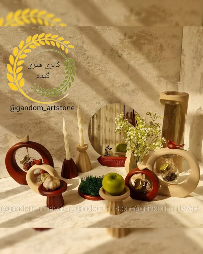 هفت سین دوازده تیکه بتنی بهمراه 4عدد بطری آویز، دو عدد تنگ شیشه ای برای گلدان و تنگ، جفت شمع قلمی( ورق بزنید و رنگ بندی را ببینید )