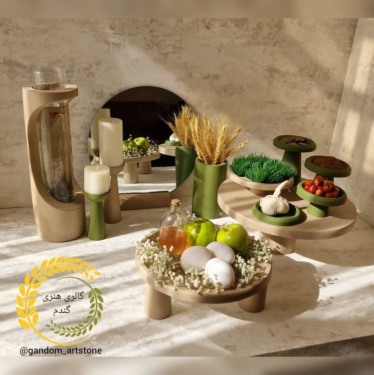 هفت سین خاص گالری گندم 12 تیکه بتنی بهمراه تنگ شیشه ای ، بطری سرکه ، جفت شمع استوانه و گندم خشک