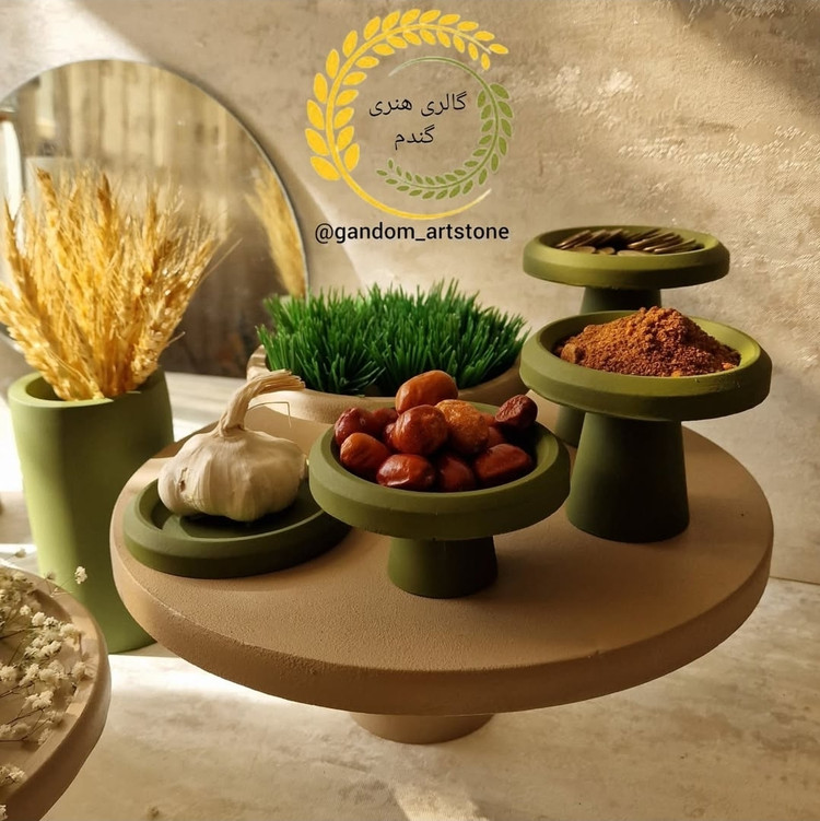 هفت سین خاص گالری گندم 12 تیکه بتنی بهمراه تنگ شیشه ای ، بطری سرکه ، جفت شمع استوانه و گندم خشک