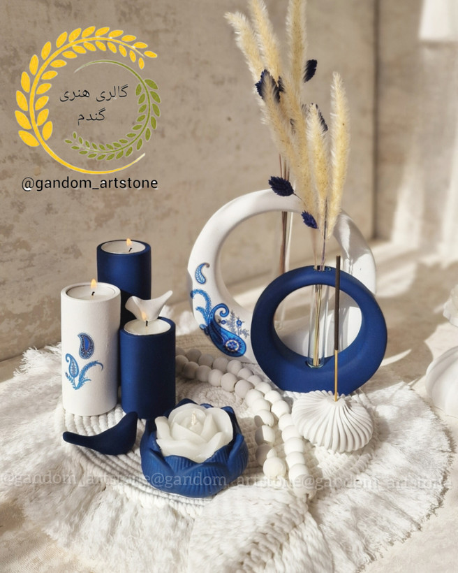 ست دکوری کامل بهمراه گل خشک و شمع ها و رانر و تسبیح دکوراتیو