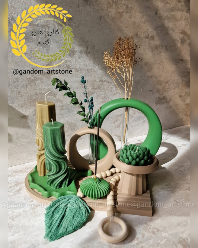 ست کامل دکوری بهمراه شمع و گل خشگ تسبیح دکوراتیو و رانر