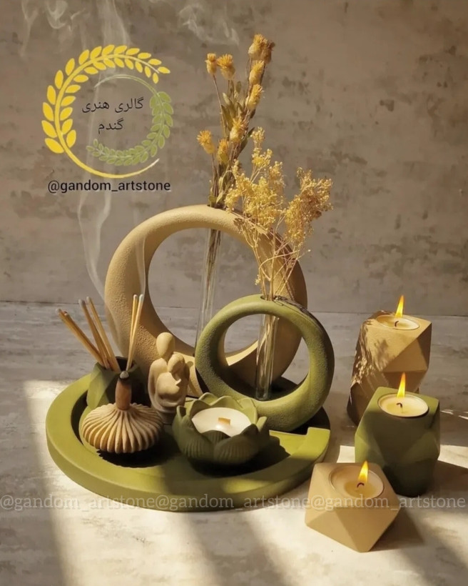 ست کامل دکوری بهمراه شمع و گل خشک و کبریت