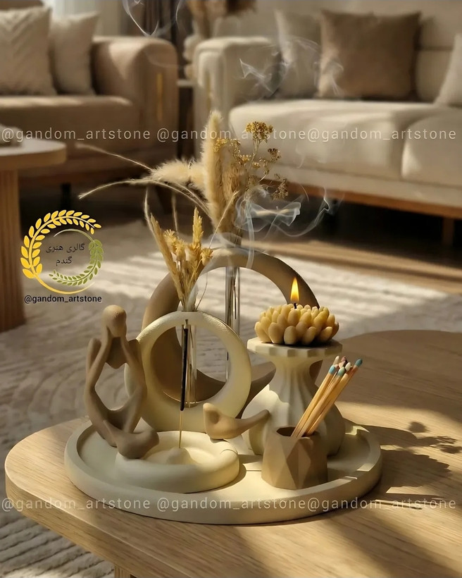 ست کامل دکوری با شمع و گل خشک و کبریت پایه بلند