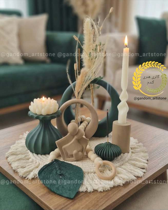 ست کامل دکوری بهمراه گل خشک و شمع ها و رانر و تسبیح دکوراتیو