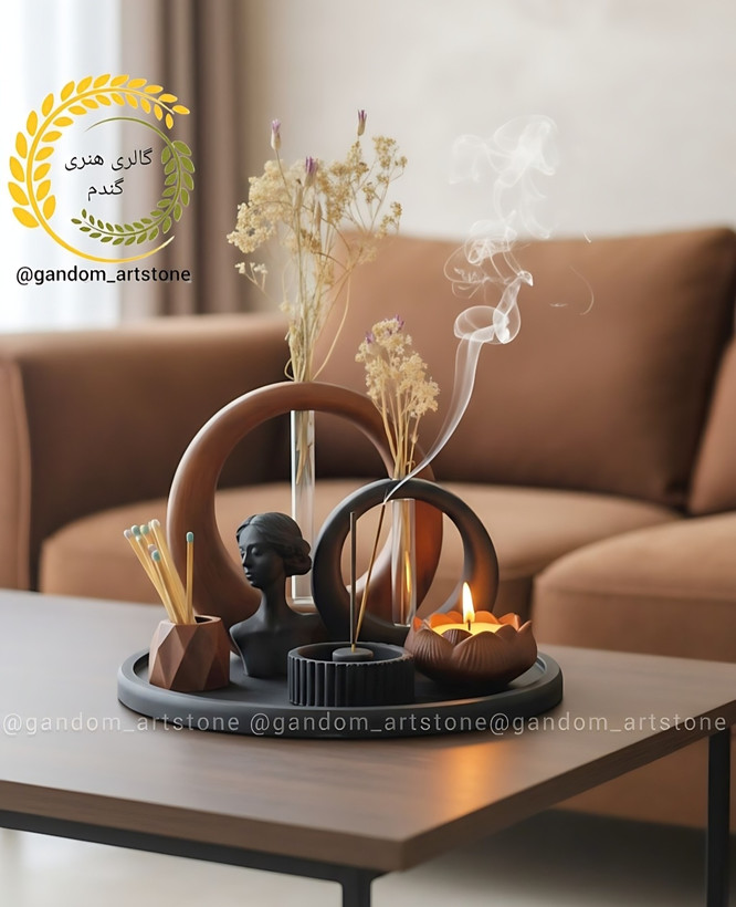 ست کامل دکوری بهمراه گل خشک و شمع و کبریت پایه بلند