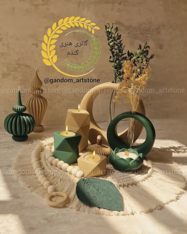 ست کامل دکوری بهمراه گل خشک و شمع ها و تسبیح دکوراتیو و رانر
