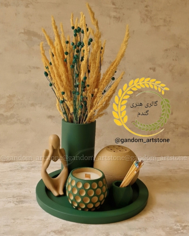 ست کامل دکوری بهمراه گل خشک و شمع و کبریت پایه بلند